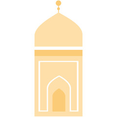 An artistic illustration of a mosque featuring a central dome with a crescent moon, arched windows, and a symmetrical design.
