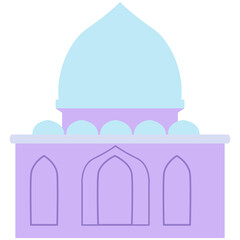 An artistic illustration of a mosque with a light blue dome, purple structure, and arched windows, designed in an elegant traditional style.