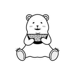 スイカを食べるシロクマのイラスト（モノクロ）