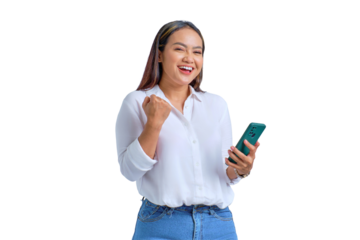 Excited young Asian woman using mobile phone gesturing yes with raised fist reacting to online news isolated on transparent background