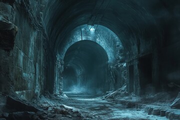Naklejka premium Arched stone tunnel with water and dim lights creates mysterious atmosphere. Perfect image for fantasy, dungeon, or horror themed projects and concepts.