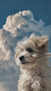 Fluffy puppy against a dramatic sky of clouds.