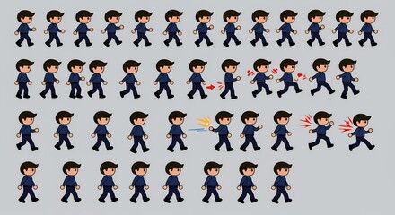 Cartoon Character Sprite Sheet: Walking, Action Poses, Animation
