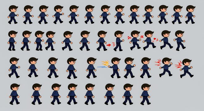 Cartoon Character Sprite Sheet: Walking, Action Poses, Animation