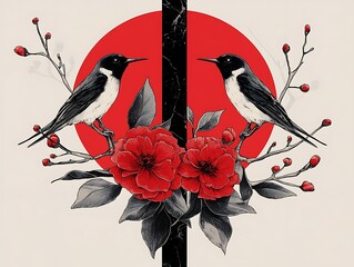 Two black and white birds with red blossoms