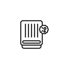 A black and white icon of a humidifier with vertical lines and a circular, gear-like detail on the side. Bactria side.