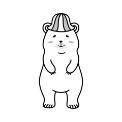 帽子をかぶったシロクマの夏イラスト（モノクロ）