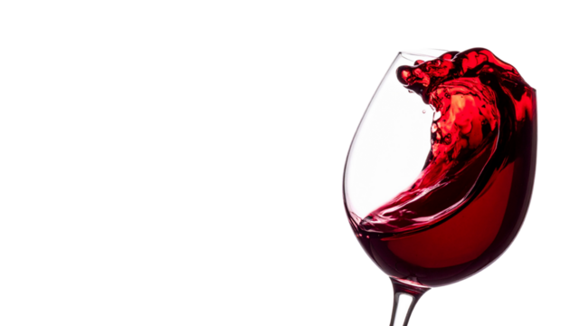 glass of red wine with dynamic splash, showcasing rich color and fluid motion. This evokes sense of elegance and indulgence, perfect for wine enthusiasts