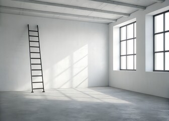an empty room with white walls and concrete floor and shadow of a ladder on the wall