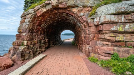 Cliffside tunnel carved into stone winding through the mountain edge