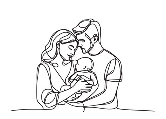 Mother and father holding their baby Continuous line art drawing Vector