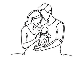 Mother and father holding their baby Continuous line art drawing Vector