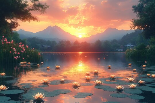 Calm lake reflecting sunset colors; lotus flowers floating gently. Mountains in back