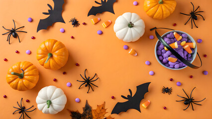 Top View Halloween Flat Lay with Pumpkins, Candy, and Bats on Orange Background