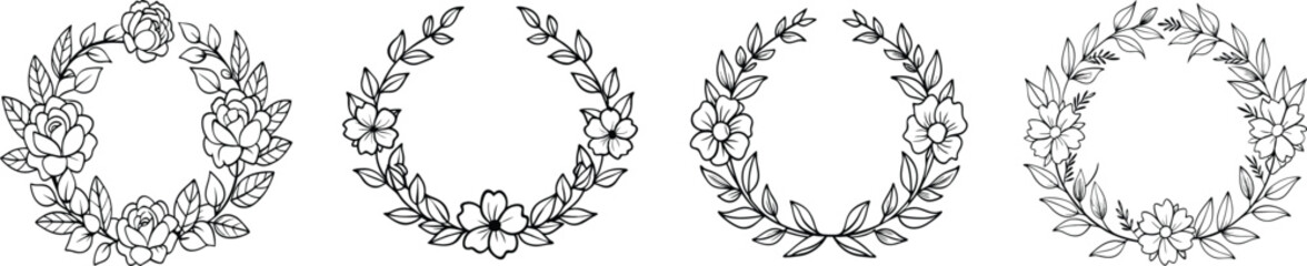 Hand-drawn wreath of flowers, intricate beauty design for adult coloring book on a white background.
