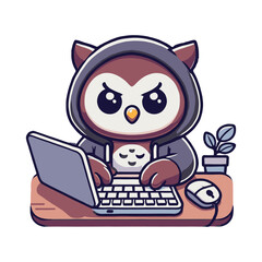 Cartoon Owl Hacker Typing on Laptop at Wooden Desk in Flat Illustration