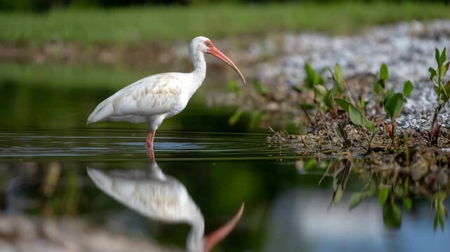 A white ibis gracefully strides through the water, showcasing avian elegance while reflecting its surroundings in a tranquil setting that emphasizes natural beauty and harmony.