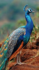 Obraz premium Majestic peacock standing atop a reddish-brown surface.