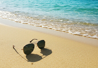 Sunglasses resting on sandy beach.