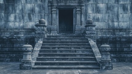 Ornamental stone urns and sculptures placed along the temple steps in symmetrical arrangement