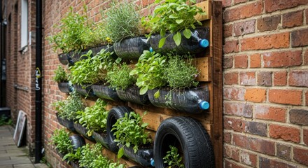 Fototapeta premium Vertical garden system using recycled materials mounted on urban wall