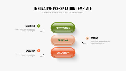Fototapeta premium Investor Innovation 3 Step Diagram Slide Layout. Advertising Overview Three Element Infographic Slideshow Design. Sales Introduction Presentation Template Vector Illustration.