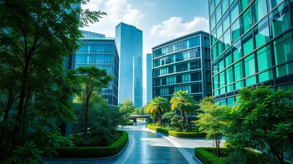 Obraz premium Lush green landscaping enhances modern office buildings creating a vibrant and sustainable urban environment perfect for business and leisure.