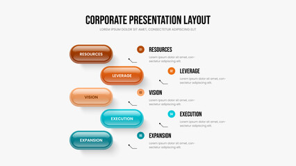 Corporate Performance 5 Element Diagram Presentation Template. Professional Showcase Five Option Infographic Slideshow Design. Market Briefing Frame Layout Vector Illustration.