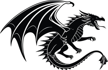 Fierce Dragon Silhouette in Dramatic Pose - Medieval Fantasy Vector Illustration