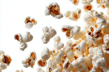Air-popped popcorn kernels are scattered against a bright white background, showcasing their fluffy texture and golden-brown centers, perfect for snacking or movie nights