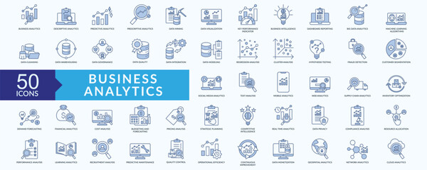 Business analytics icon collection set with data visualization,  key performance indicator, strategic planning, continuous improvement, quality control
 