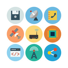 Collection Of Nine Network And Communication Icon Illustrations In Flat Design Style On Circular Colored Backgrounds