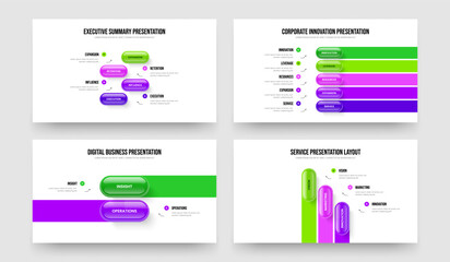 Obraz premium Advertising Showcase Four Five Two Three Option Diagram Slide Layout Vector Illustration Collection. Marketing Innovation 4 5 2 3 Step Infographic Presentation Design Bundle.