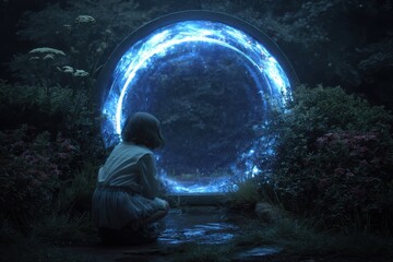 Mysterious circular portal in a mystical garden setting.
