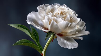 Fototapeta premium White flower with a green stem. The flower is the main focus of the image. The background is dark blue, which creates a sense of calmness and serenity