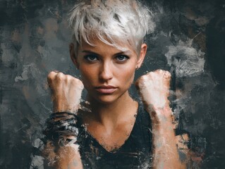 Fototapeta premium A woman with a powerful expression, framed by textured grunge.