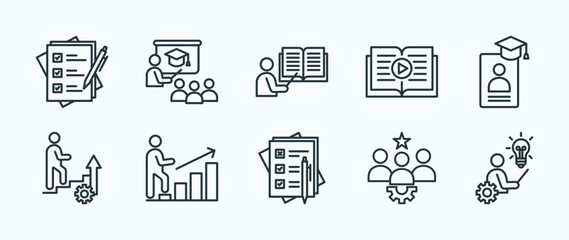 Learning and training thin icon set containing assessment,training,lesson,tutorial,internship