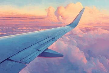 Obraz premium Stunning scenic airplane window view overlooking pastel sunset sky high-resolution gigapixel image aerial perspective dreamy atmosphere