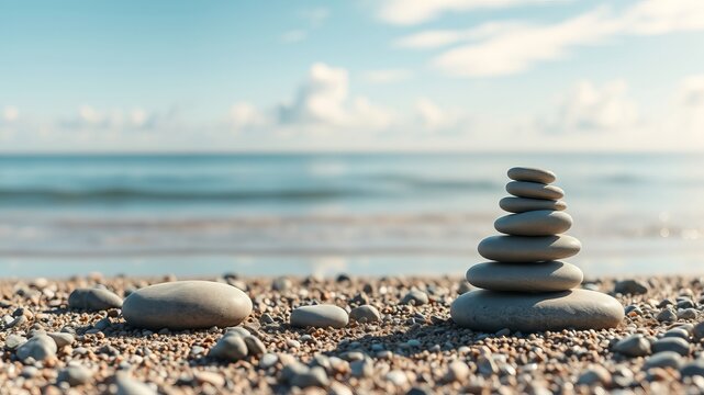 A serene stack of gray stones rests on a sandy beach near a calm ocean under a bright blue sky.
