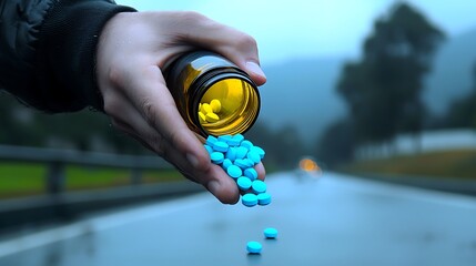 Person pouring pills onto wet road