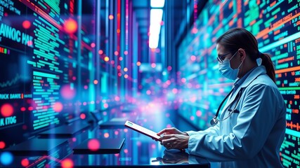 A female doctor in a face mask uses a tablet computer while standing in a futuristic data center filled with digital code.