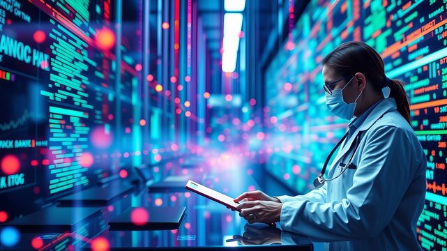 A female doctor in a face mask uses a tablet computer while standing in a futuristic data center filled with digital code.