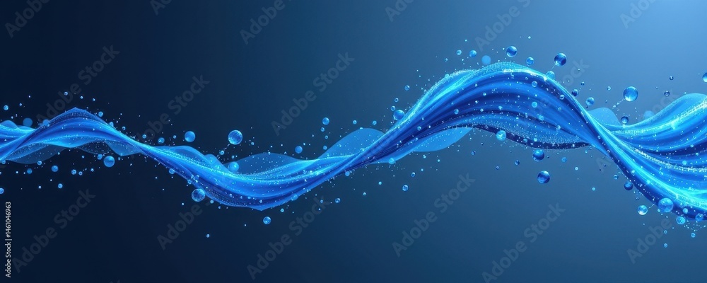 Poster create an abstract digital drawing of a blue wave particle in 3d rendering style, place the subject 