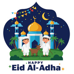 vector flat illustration of a Muslim family celebrating Eid Al-Adha Mubarak with a sheep, cow, goat. Features mosque silhouettes, crescent moon, and stars. Perfect for festive greetings