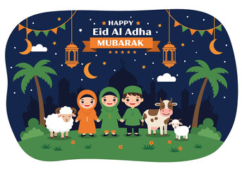 vector flat illustration of a Muslim family celebrating Eid Al-Adha Mubarak with a sheep, cow, goat. Features mosque silhouettes, crescent moon, and stars. Perfect for festive greetings