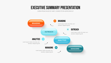 Naklejka premium Corporate Plan Four Step Diagram Slide Template. Sales Campaign Frame Design Vector Illustration. Market Overview 4 Element Infographic Slideshow Layout.