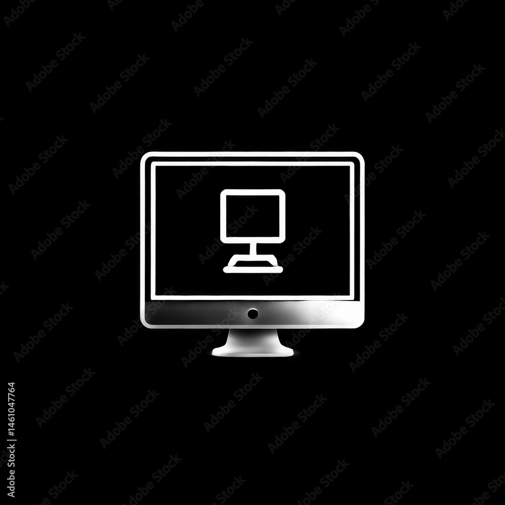 Poster sleek silver computer monitor on black background: minimalist technology and design icon for digital