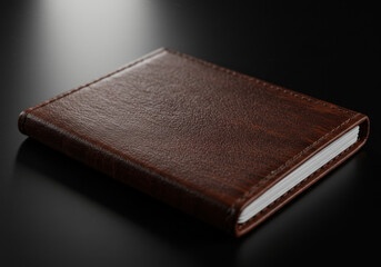 Brown leather journal on black background.