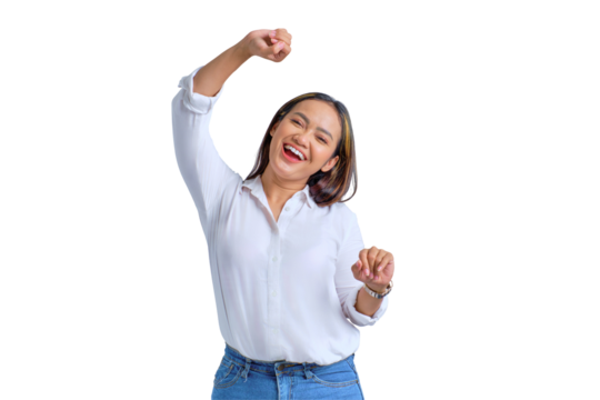 Happy young Asian woman dancing to her favorite music, forgetting about all problems isolated on transparent background