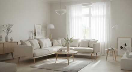 Serene White Living Room Interior With Modern Minimalist Decor Design